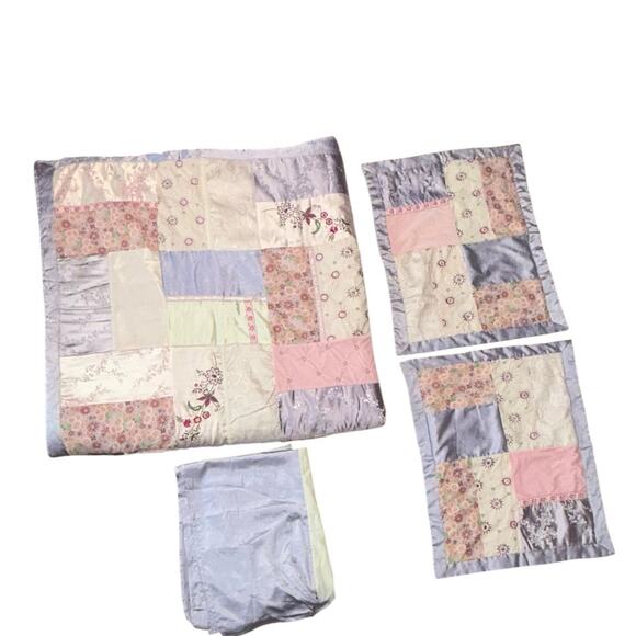 Vtg 90s Teen Girl Bedding Set Satin Patchwork‎ Full Double Comforter Shams Skirt